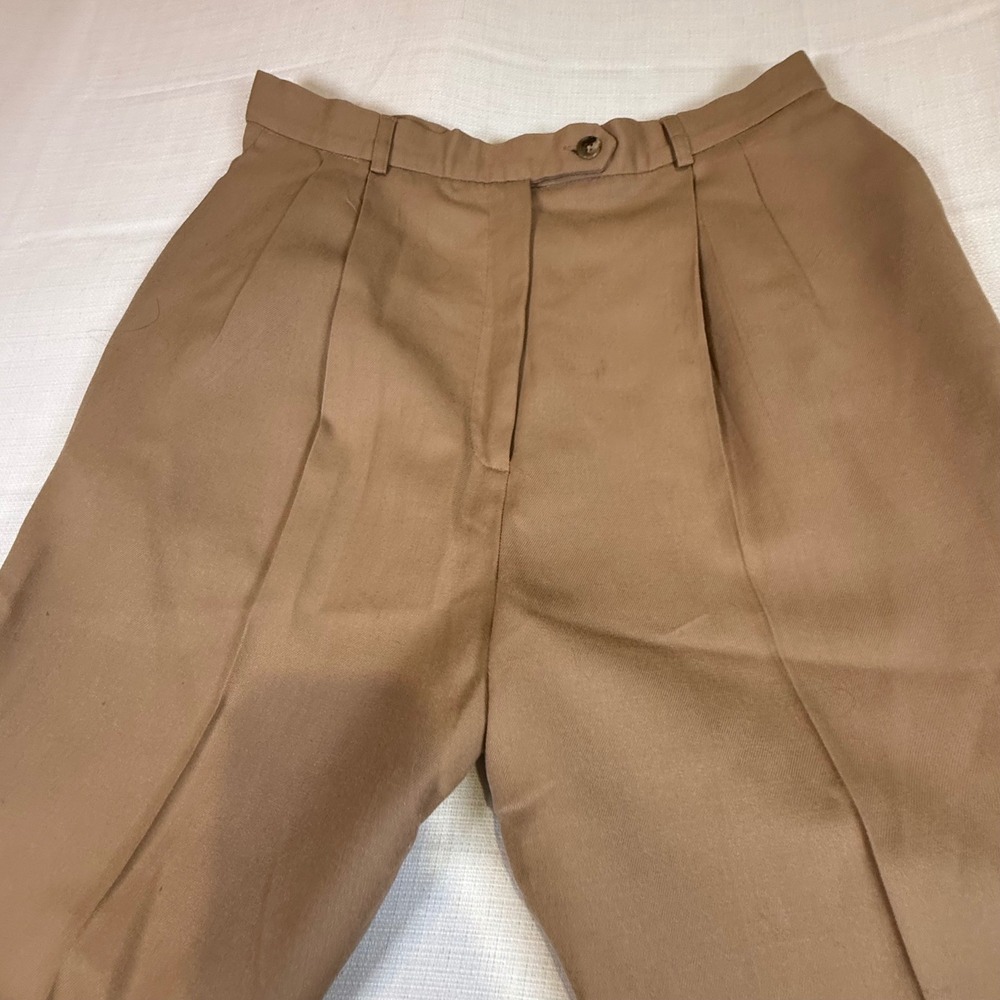Vintage Camel Tan 100% Worsted Wool Pleated High Waisted Straight Leg Trousers - Picture 6 of 11